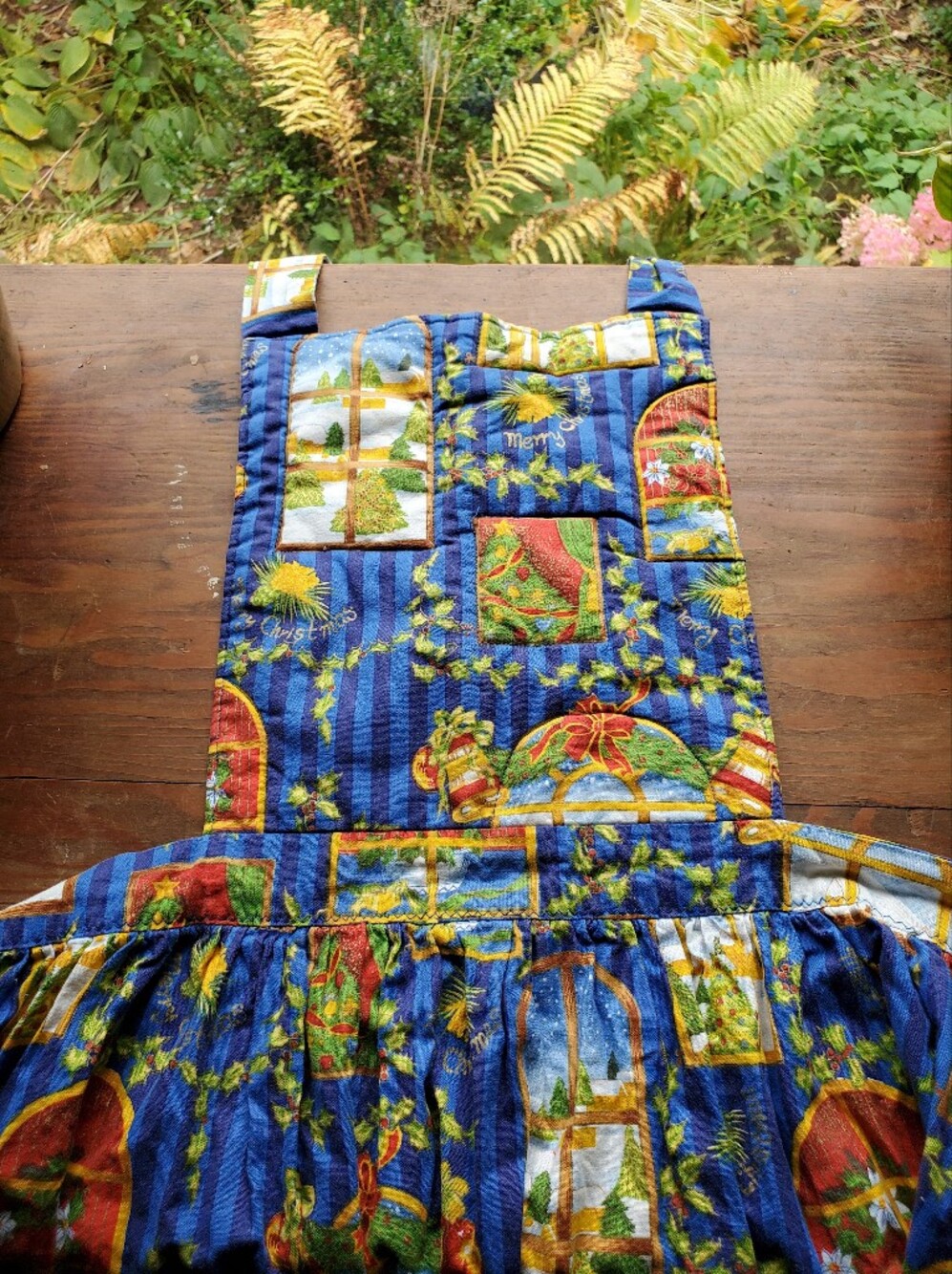 Vintage Handmade Quilted Christmas Pinafore Pleated Blue  Vintage Festive Apron